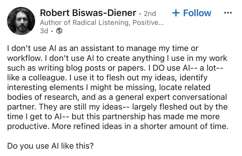 LinkedIn post on how AI tools should be used in the writing process