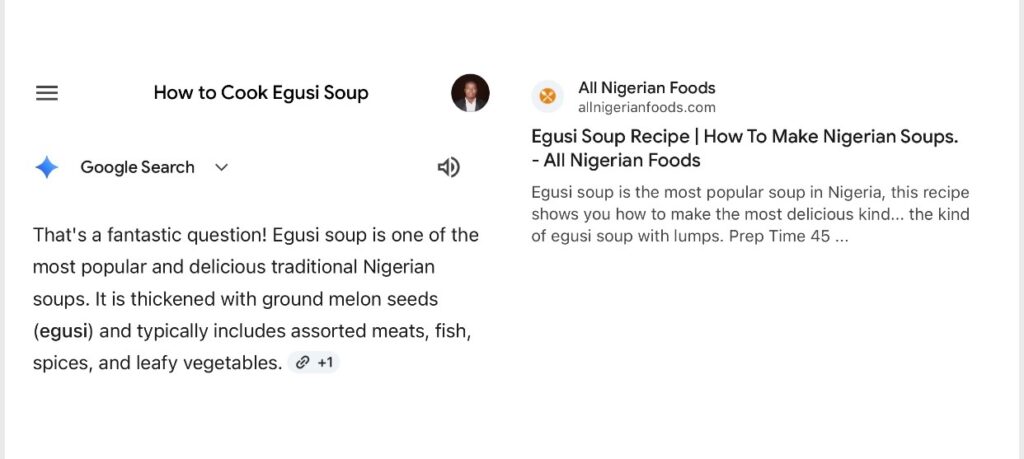 Gemini’s step-by-step response to a query on how to cook Egusi soup with links to different webpages that cover the topic 