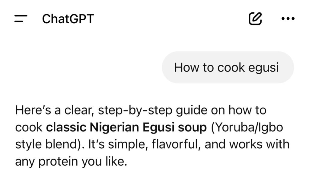 ChatGPT’s step-by-step response to a query on how to cook Egusi soup
