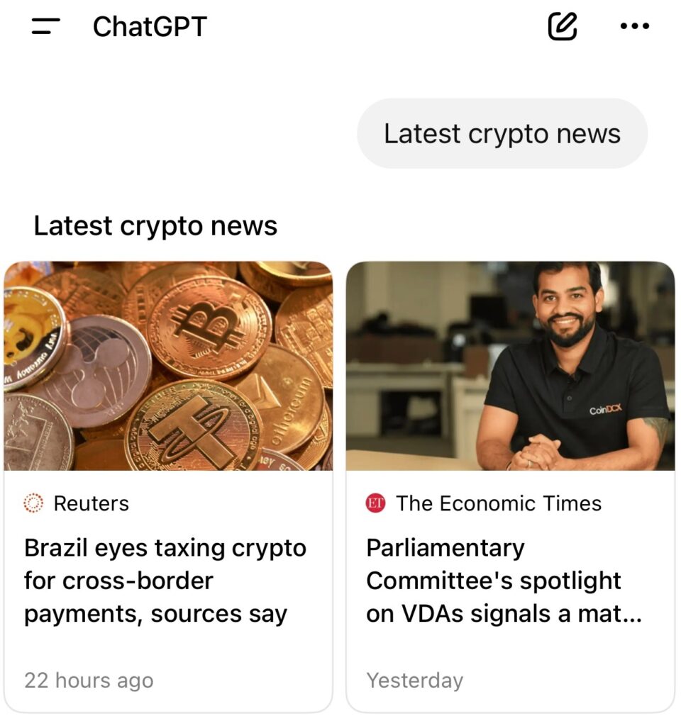 ChatGPT’s response to a query about the latest crypto news